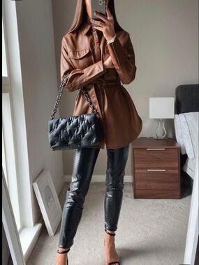 Zara Brown Faux Leather Belted Shirt Jacket Dress